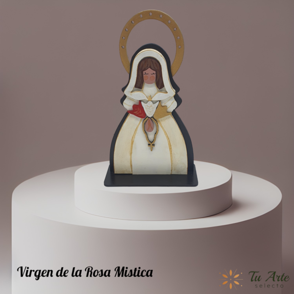 Virgen de la Rosa Mistica  Figura artesanal en madera pintada a mano - Imagen 7