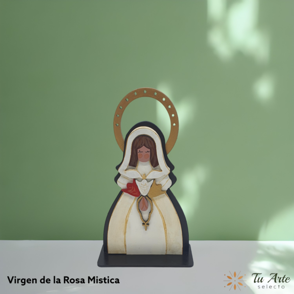 Virgen de la Rosa Mistica  Figura artesanal en madera pintada a mano - Imagen 5