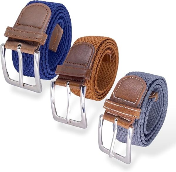 Cinturón Trenzado Elástico, Set de 3 Cinturones Extensibles de Hombre o Mujer, Talla Única, se Adapta a cada Cintura, Cinturón de Vestir o Casual, Longitud de 110cm a 140cm (Azul, Gris, Marrón)