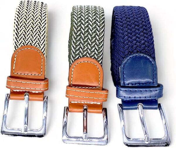 Cinturón Trenzado Elástico, Set de 3 Cinturones Extensibles de Hombre o Mujer, Talla Única, se Adapta a Cintura, Cinturón de Vestir o Casual, Longitud de 110cm a 140cm (Ver/Blc, Azl M, Bei/Neg)